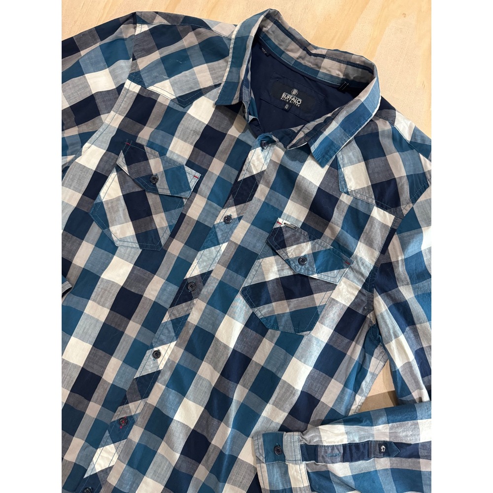 Buffalo David Bitton Plaid Button Down Shirt XL Blue White Preppy Western Indie